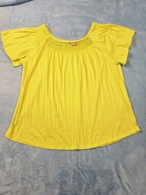 Bright Yellow Short Sleeve Peasant Crochet Yoke Women's Top